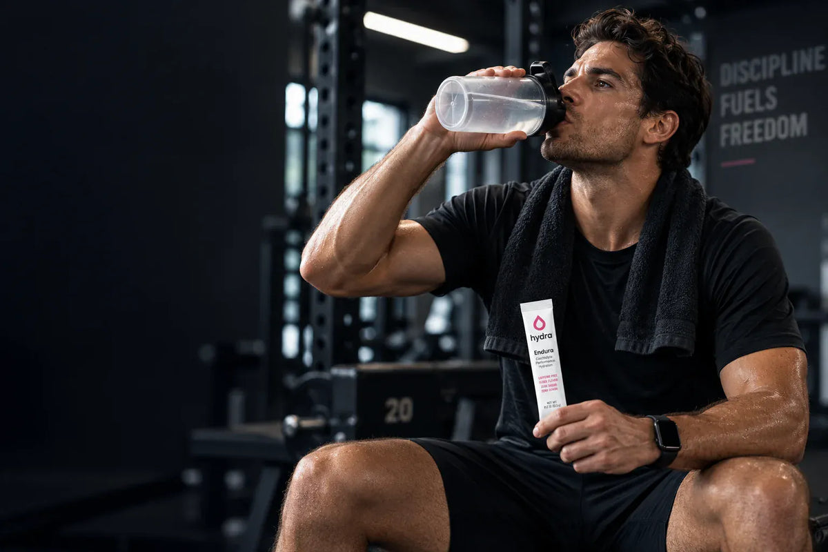A man in a gym setting drinking from a clear plastic shaker bottle while holding a Hydra branded product stick. He is wearing a black t-shirt and shorts, with a towel around his neck, in a dark gym environment.