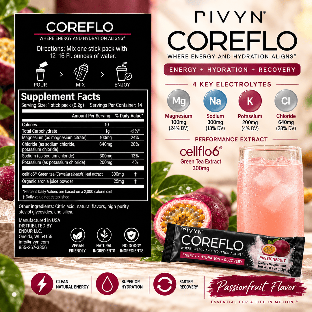 Pivyn Coreflo Passionfruit flavor energy stick pack shown with its supplement facts label, key electrolyte icons, performance claims, and flavor imagery on a branded promotional graphic.