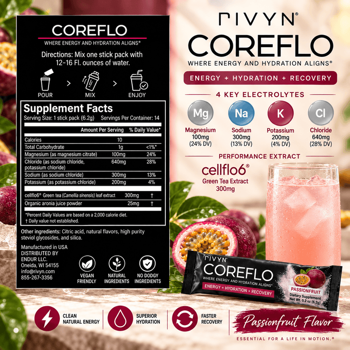 Pivyn Coreflo Passionfruit flavor energy stick pack shown with its supplement facts label, key electrolyte icons, performance claims, and flavor imagery on a branded promotional graphic.