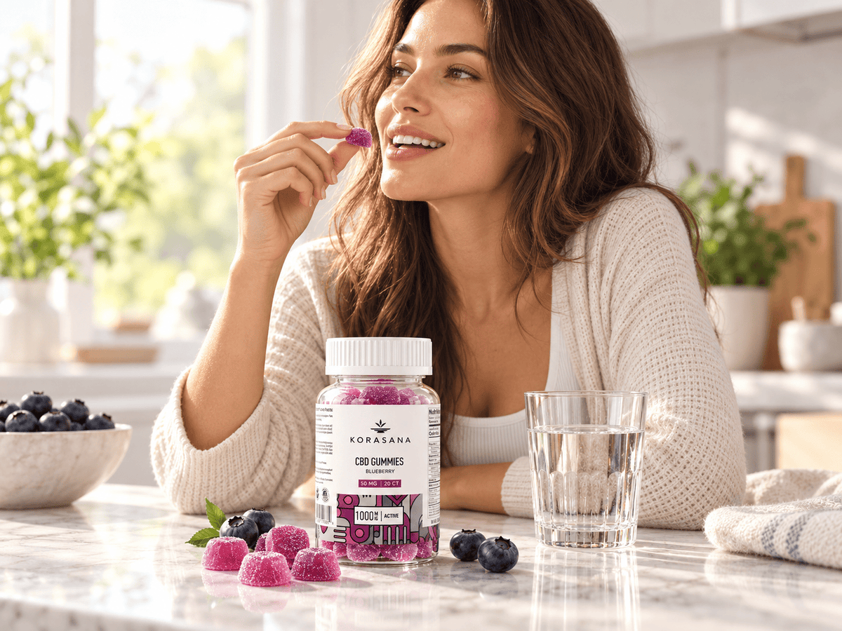 Woman taking a Korasana Full Spectrum CBD Gummy in a bright kitchen