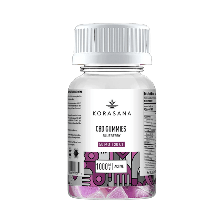 A bottle of Korasana CBD Gummies in Blueberry flavor, containing 20 gummies visible at the bottom, set against a plain white background.