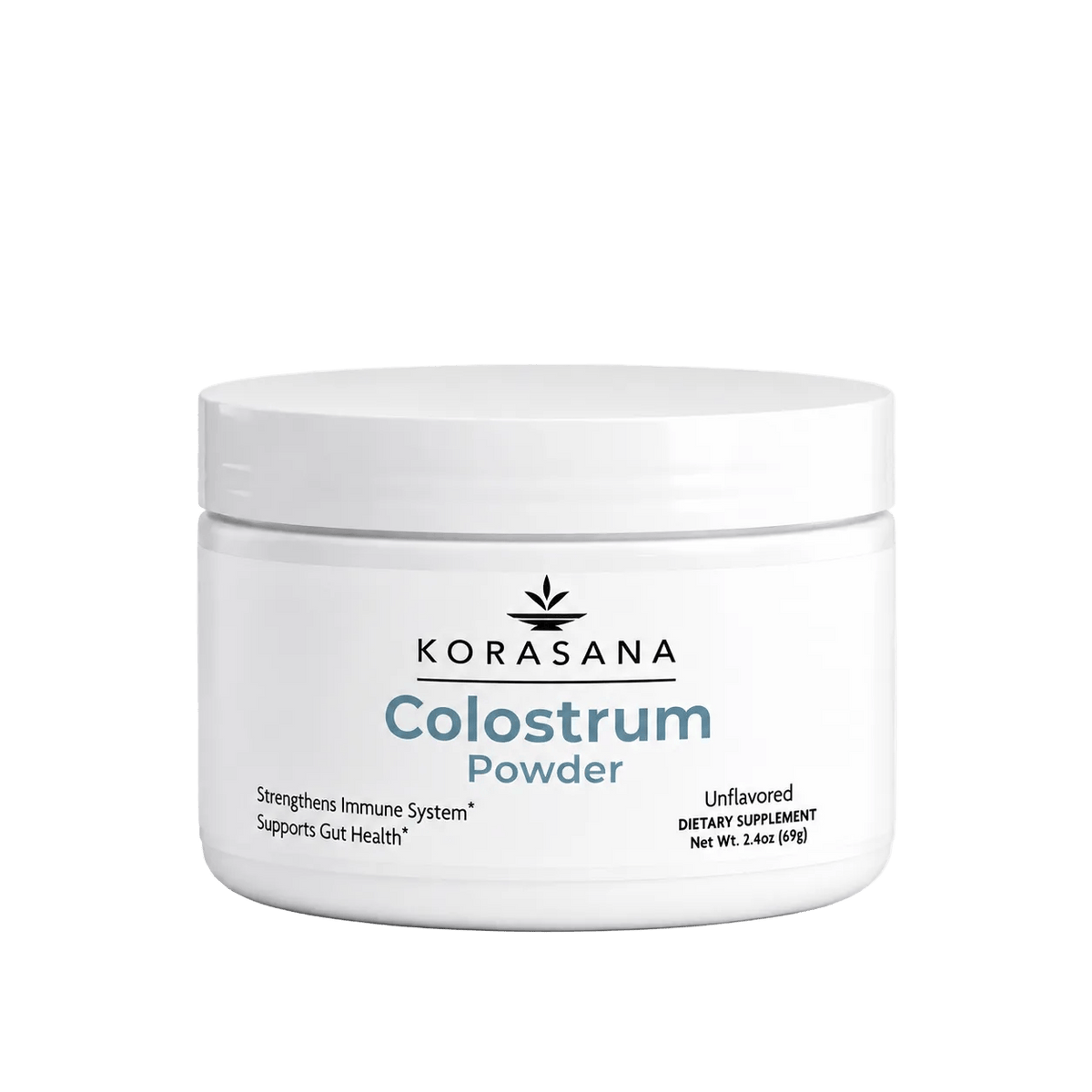 A white plastic jar of KORASANA Colostrum Powder on a clean white background.