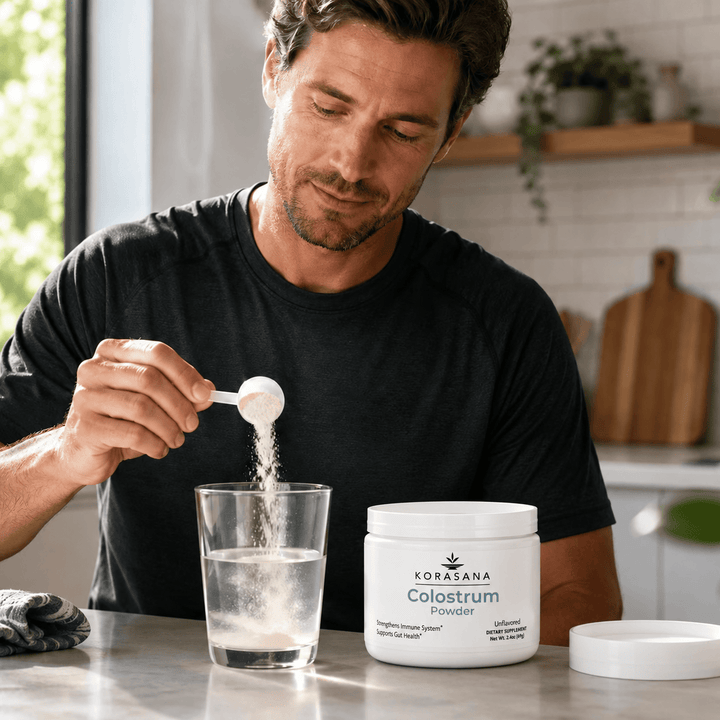 A man in a black t-shirt is shown in a kitchen setting, using a white scoop to pour Colostrum Powder from a white jar into a glass of water. The product jar is labeled 'KORSLANA Colostrum Powder'.
