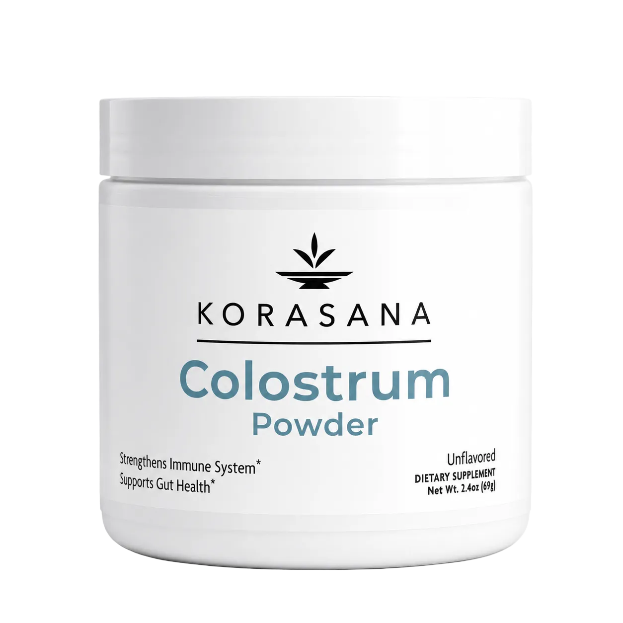 A white plastic jar of Korasana Colostrum Powder on a light gray background. The label features the brand name 'KORASANA' in black with a leaf logo above it, and 'Colostrum Powder' written in blue and gray text.