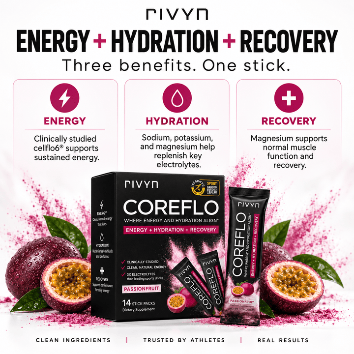 Rivyn Coreflo supplement stick packaging shown with three product sticks and a box on a white background, surrounded by passionfruit slices, seeds, and pink splash graphics. Text highlights Energy, Hydration, and Recovery benefits.