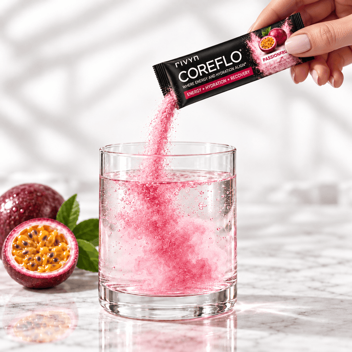 A hand pours pink powder from a packet of rivyn COREFLO energy and hydration capsules into a clear glass of water, with whole and sliced passion fruit and mint leaves on a marble surface.