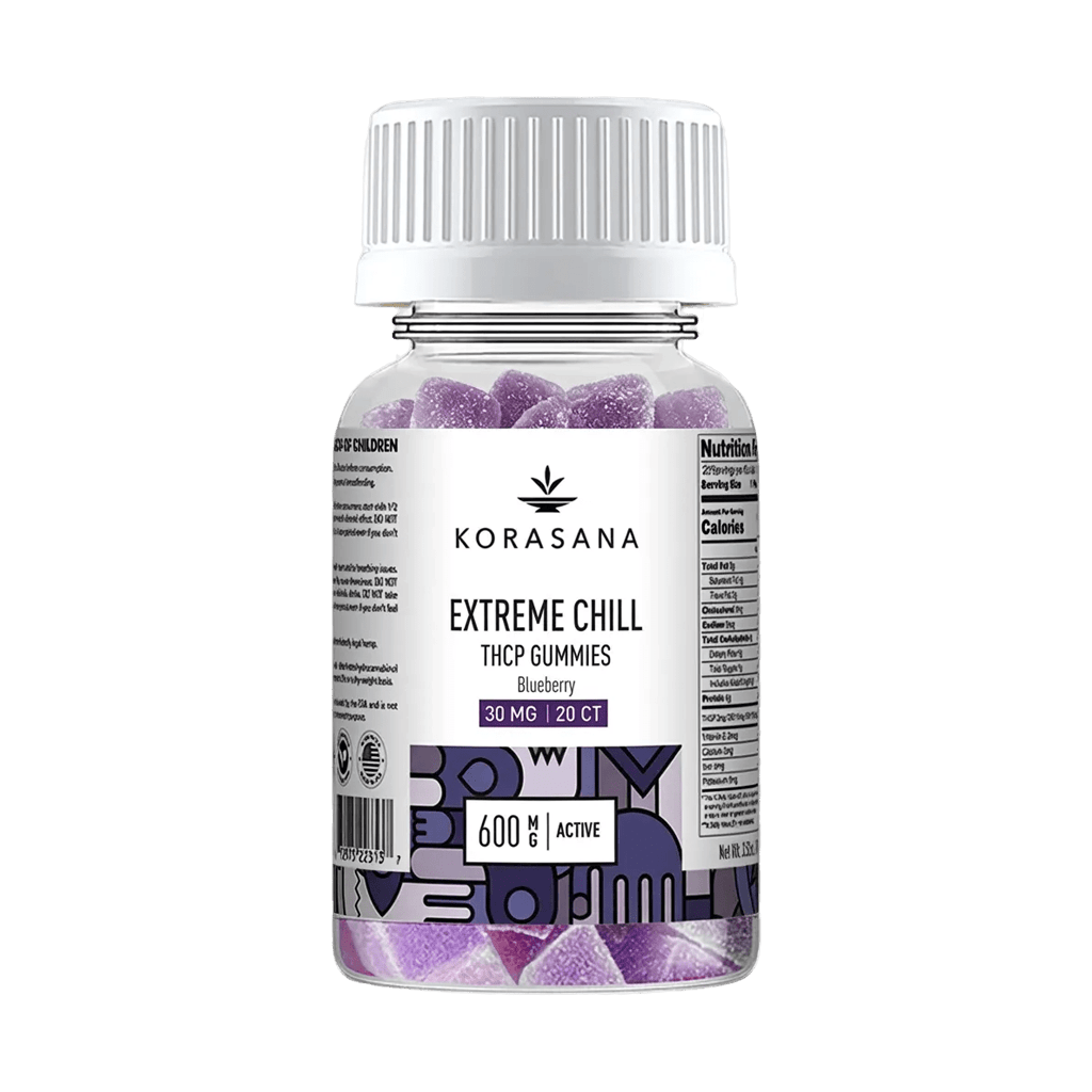 Korasana Extreme Chill THC Gummies bottle on a white background