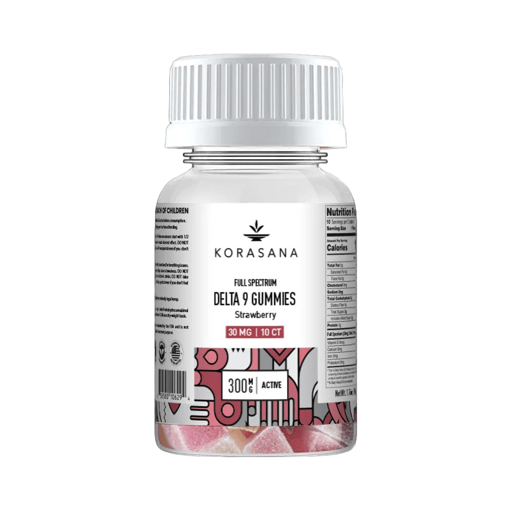A bottle of Korasana Delta 9 Gummies, Strawberry flavor, on a solid white background. The bottle is clear plastic with a white ribbed cap and a white label featuring red and black text and graphics.