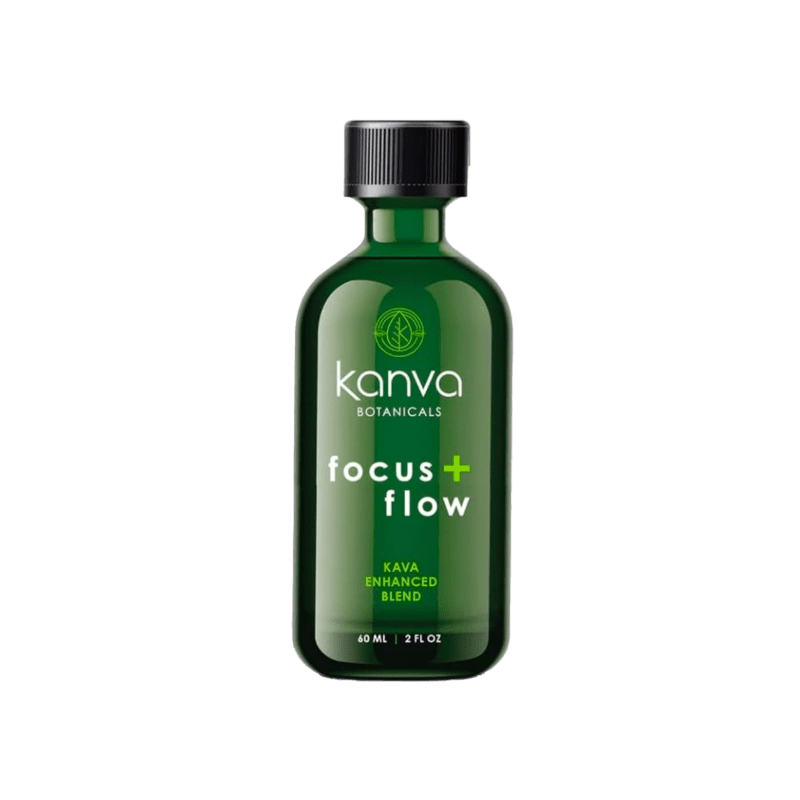 Green bottle of Kanva Botanicals focus + flow on a green background