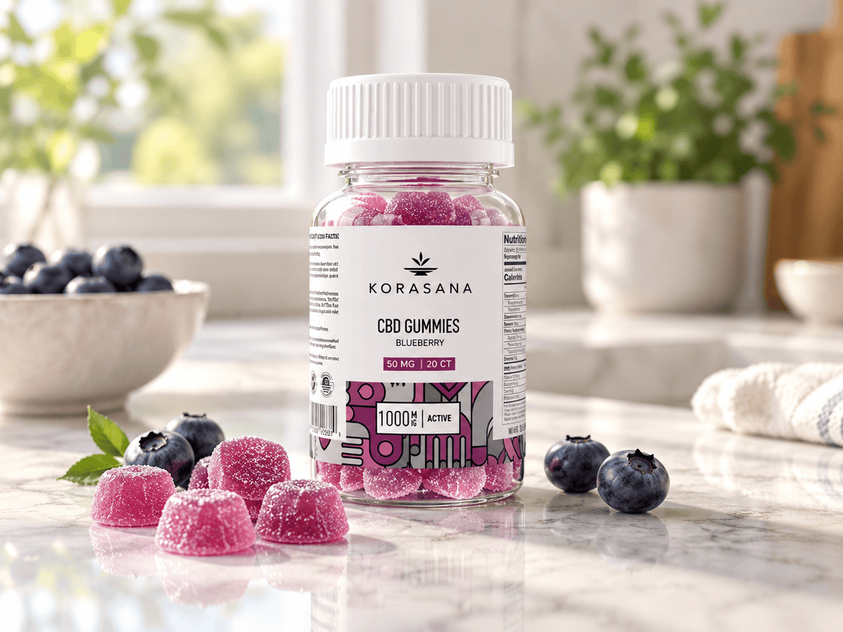 Korasana Full Spectrum CBD Gummies 50mg in Blueberry flavor on a bright kitchen counter