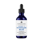 A 2 fl oz cobalt blue glass dropper bottle of Korasana Methylene Blue dietary supplement, featuring a white label with blue and black text, set against a clean white background.