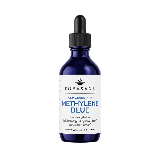 A 2 fl oz cobalt blue glass dropper bottle of Korasana Methylene Blue dietary supplement, featuring a white label with blue and black text, set against a clean white background.