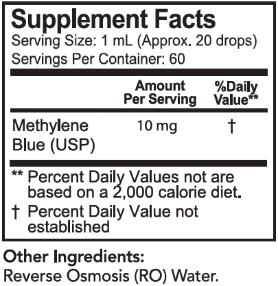 A Supplement Facts label showing Methylene Blue (USP) with a serving size of 1 mL (approx. 20 drops) and 60 servings per container.