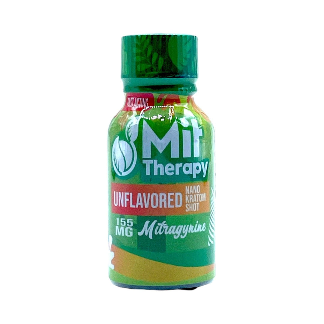 Green bottle of Mit Therapy unflavored kratom shot on a white background