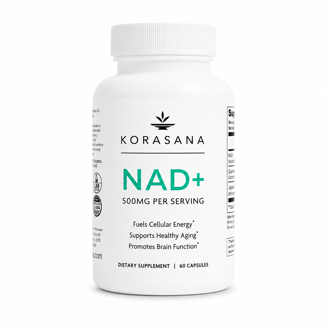 A white bottle of KORASANA NAD+ dietary supplement, 500mg per serving, 60 capsules, on a clean white background.