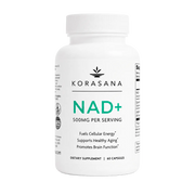 A white bottle of KORASANA NAD+ dietary supplement, 500mg per serving, 60 capsules, on a clean white background.