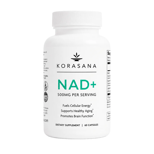 A white bottle of KORASANA NAD+ dietary supplement, 500mg per serving, 60 capsules, on a clean white background.