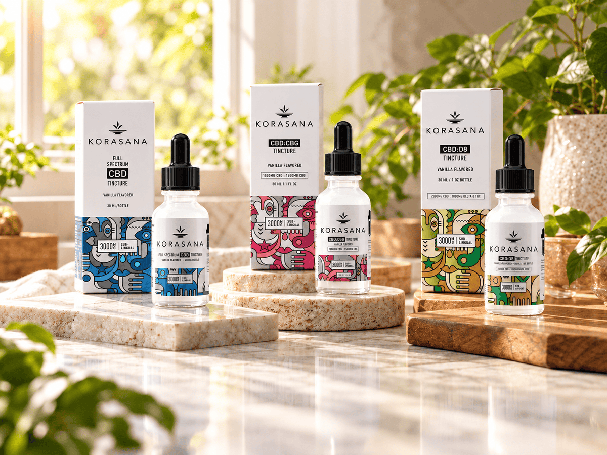 Four Korasana CBD tincture bottles with droppers and their matching white boxes are arranged on stone slabs in a bright indoor setting with green plants and warm natural light. The boxes and bottles feature colorful illustrated label designs in blue, pink, red, and green.