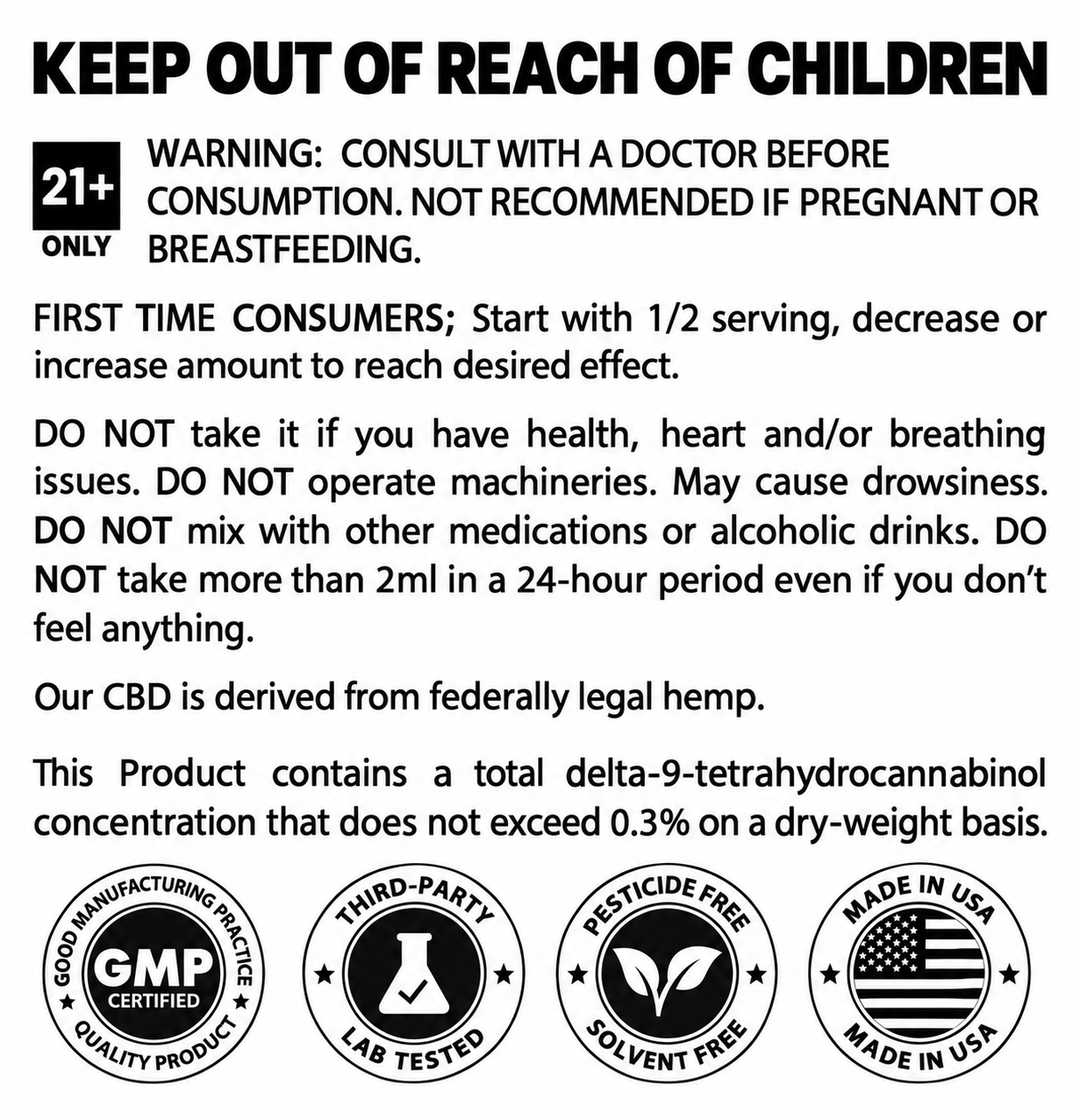 Black and white informational label with a large warning header reading 'KEEP OUT OF REACH OF CHILDREN,' a '21+ ONLY' badge, product usage/disclaimer text, and four certification/quality icons including GMP, third-party lab tested, pesticide free, and made in USA.