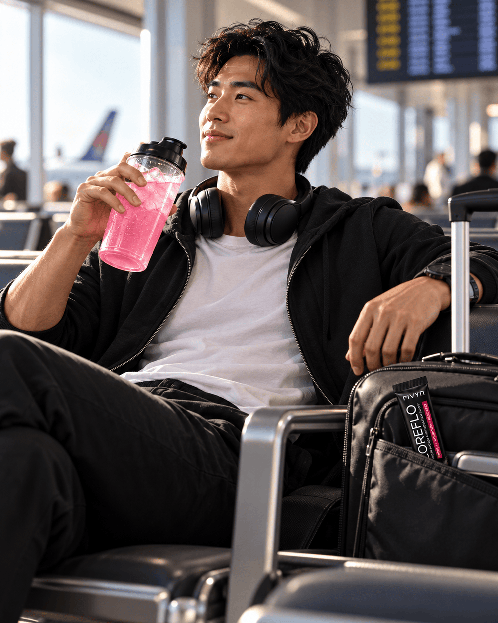 A man sits in an airport lounge chair holding a pink drink, wearing a black zip-up hoodie over a white T-shirt with black headphones around his neck and a black rolling suitcase beside him.