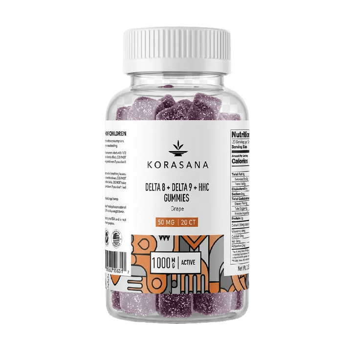 A clear plastic bottle of Korasana Delta 8 + Delta 9 + HHC Gummies in Grape flavor