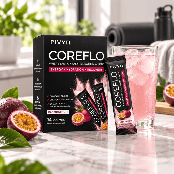 A box of rivyn CoreFlo Passionfruit dietary supplement alongside a glass of pink iced drink, with passionfruit halves and green leaves on a marble countertop.