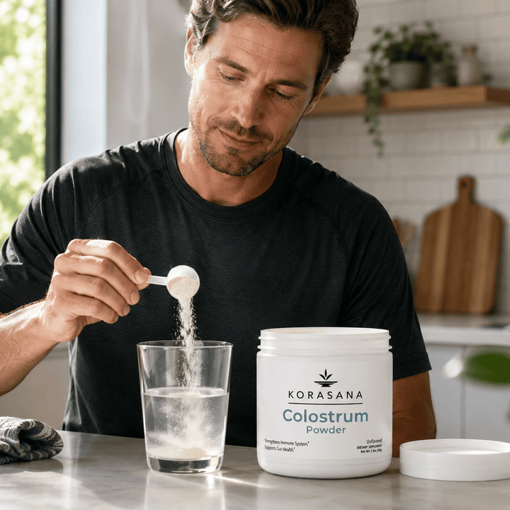 A man in a black t-shirt is shown in a kitchen setting, using a white scoop to pour Colostrum Powder from a white tub labeled 'KORASANA' into a glass of water. The product container is white with blue text.