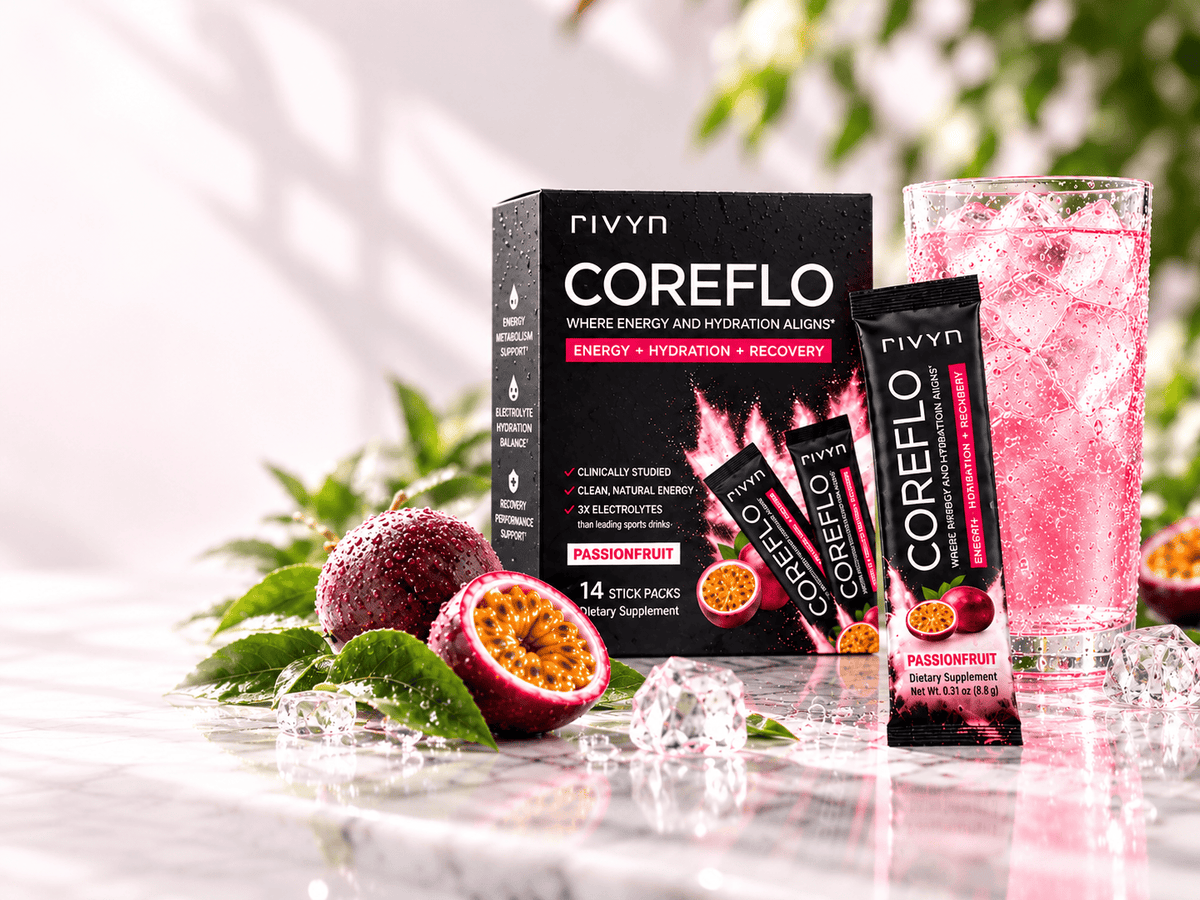 CoreFlo Passionfruit hydration drink mix with stick pack and iced drink