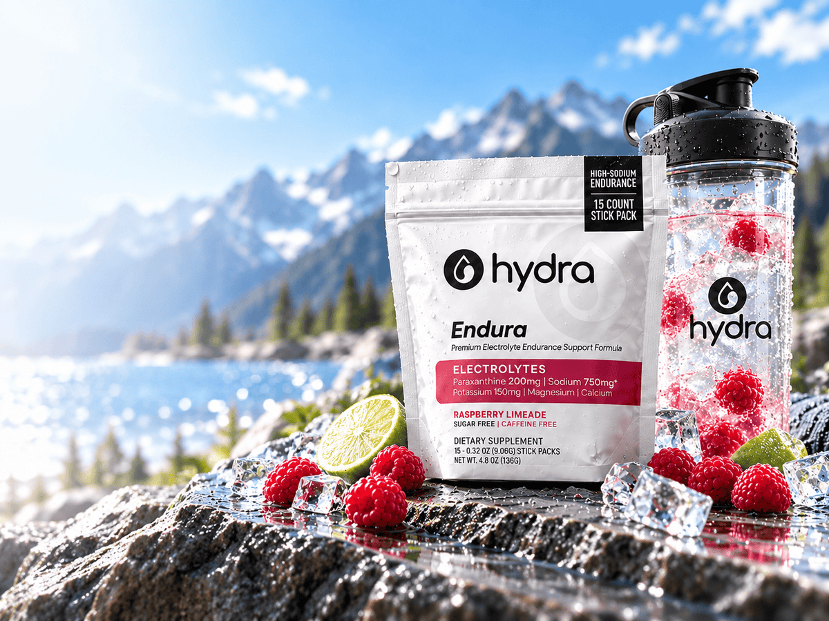 Hydra Endura Raspberry Limeade endurance hydration product with shaker and fruit
