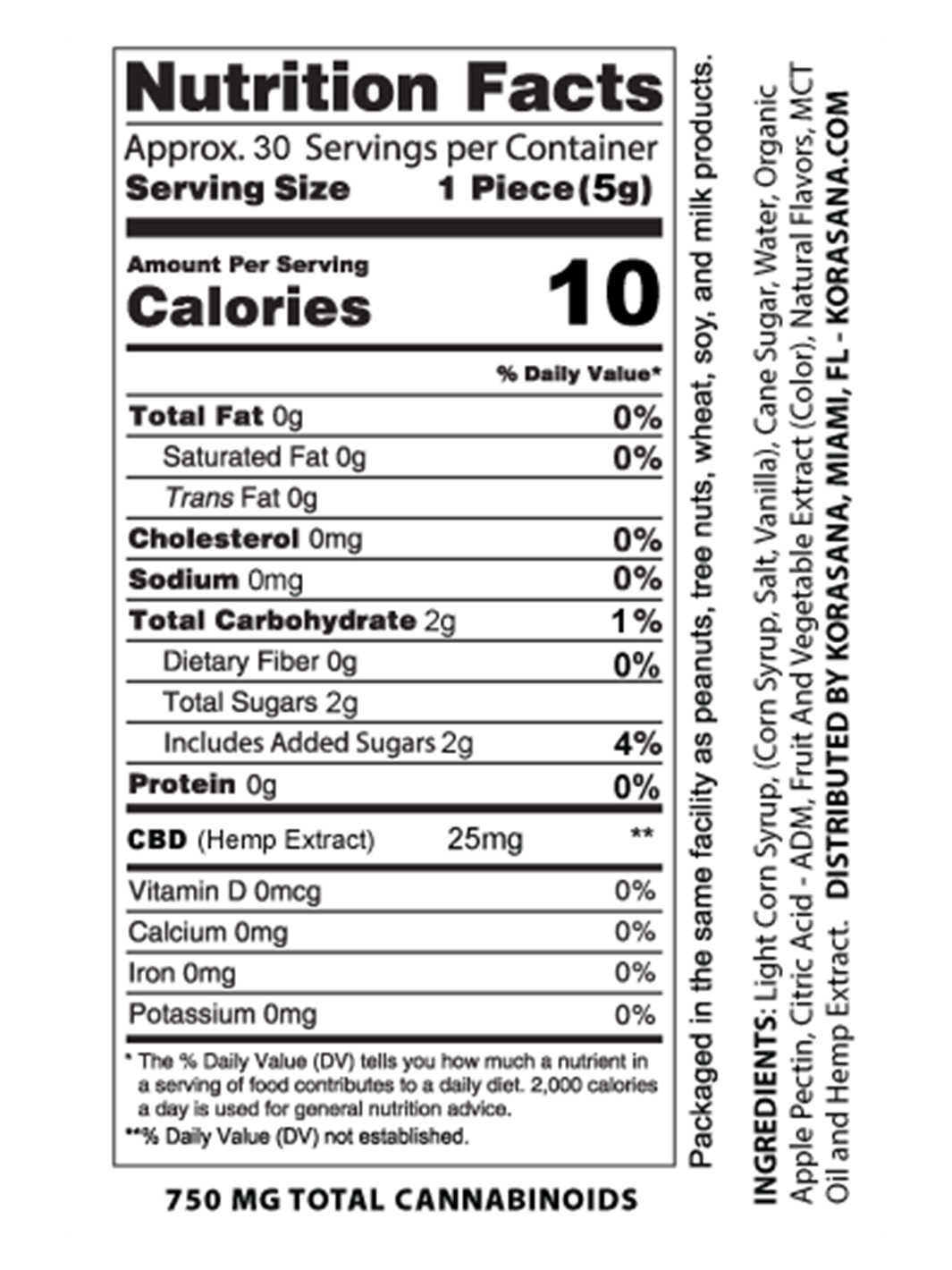 Korasana Vegan CBD Gummies nutrition information